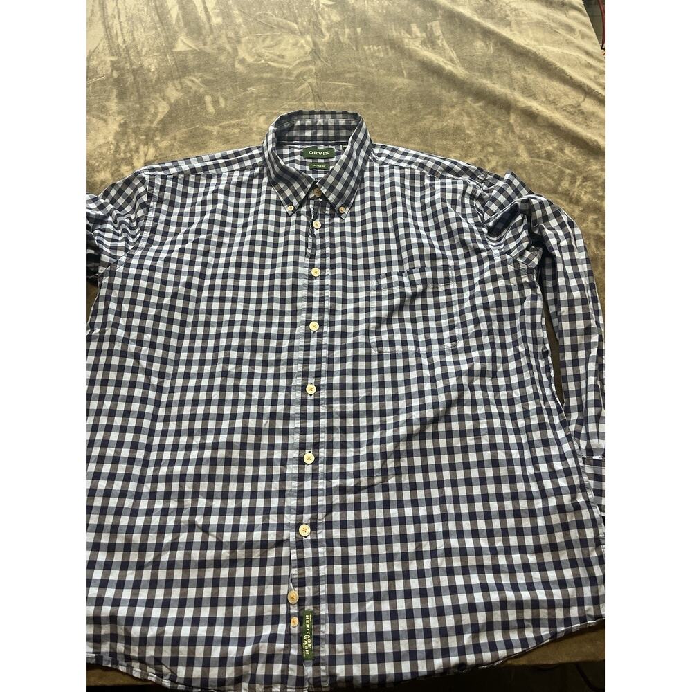 Orvis Men's XXL Active Fit Blue White Plaid Long Sleeve Button Down Shirt